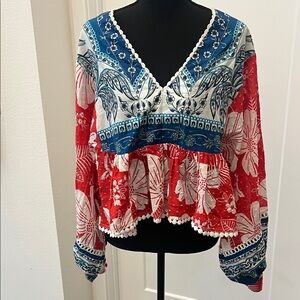 FARM Rio V-Neck Floral Blouse - Red, Blue, White